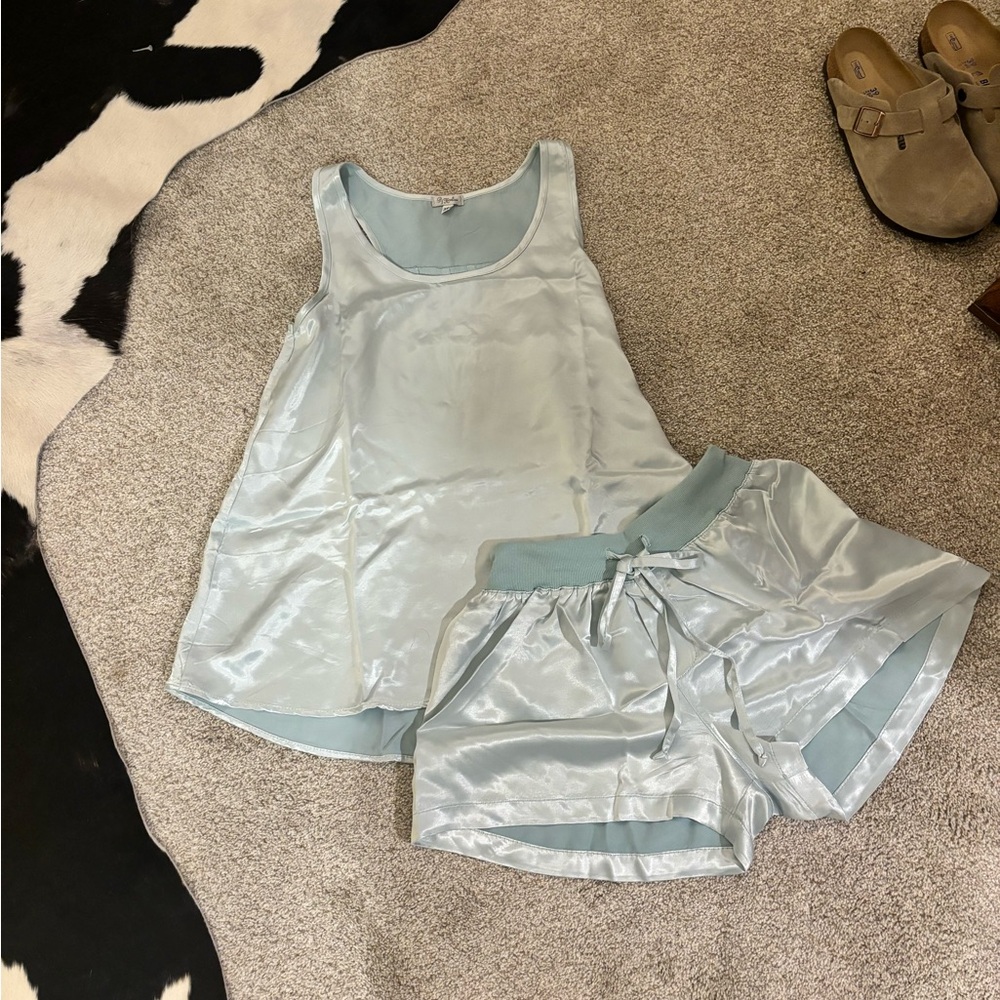 PJ HARLOW Blue Pajama Set with Silky Tank Top and Shorts